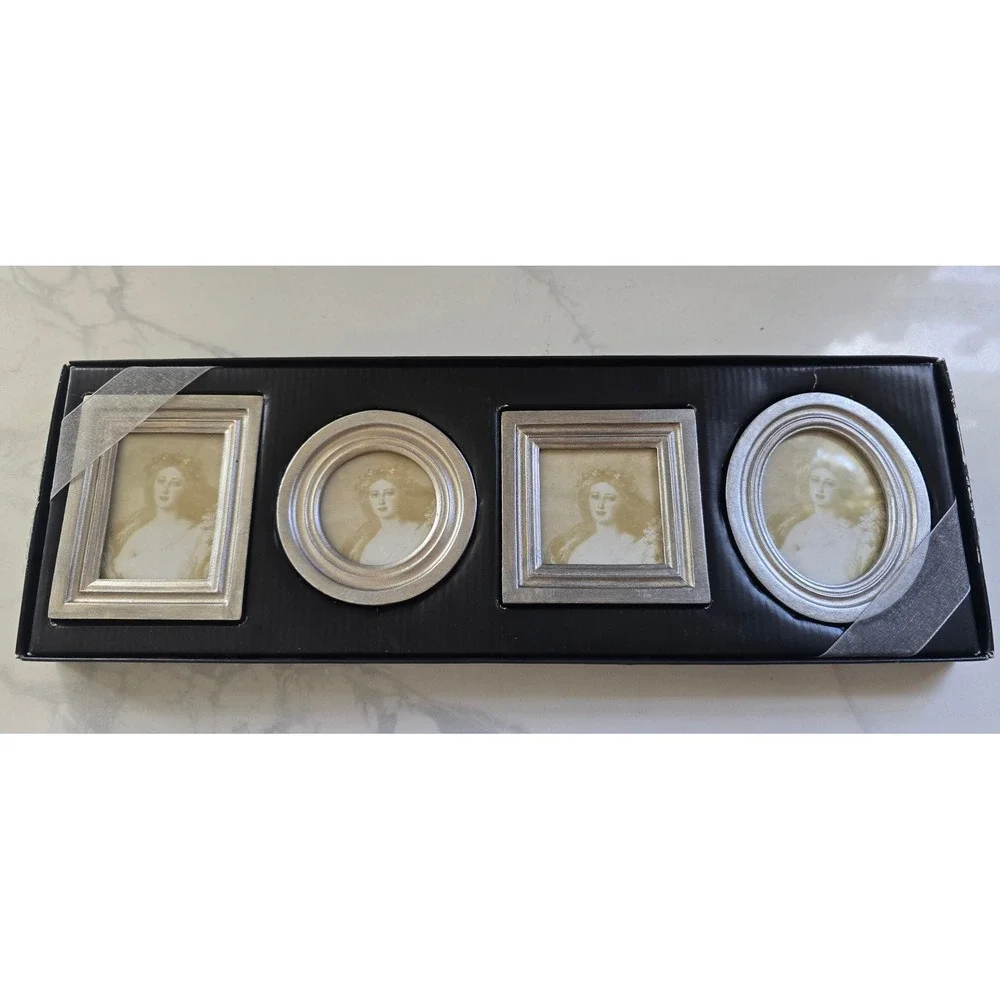 Miniature Silver Metallic Picture Frame Set of 4 Assorted Shapes Tabletop Decor